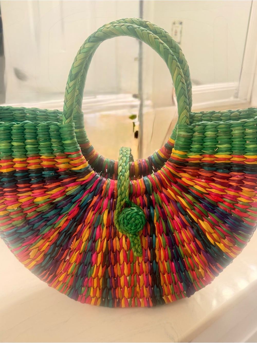 Colorful Multicolor Woven Straw Tote with Green Accents